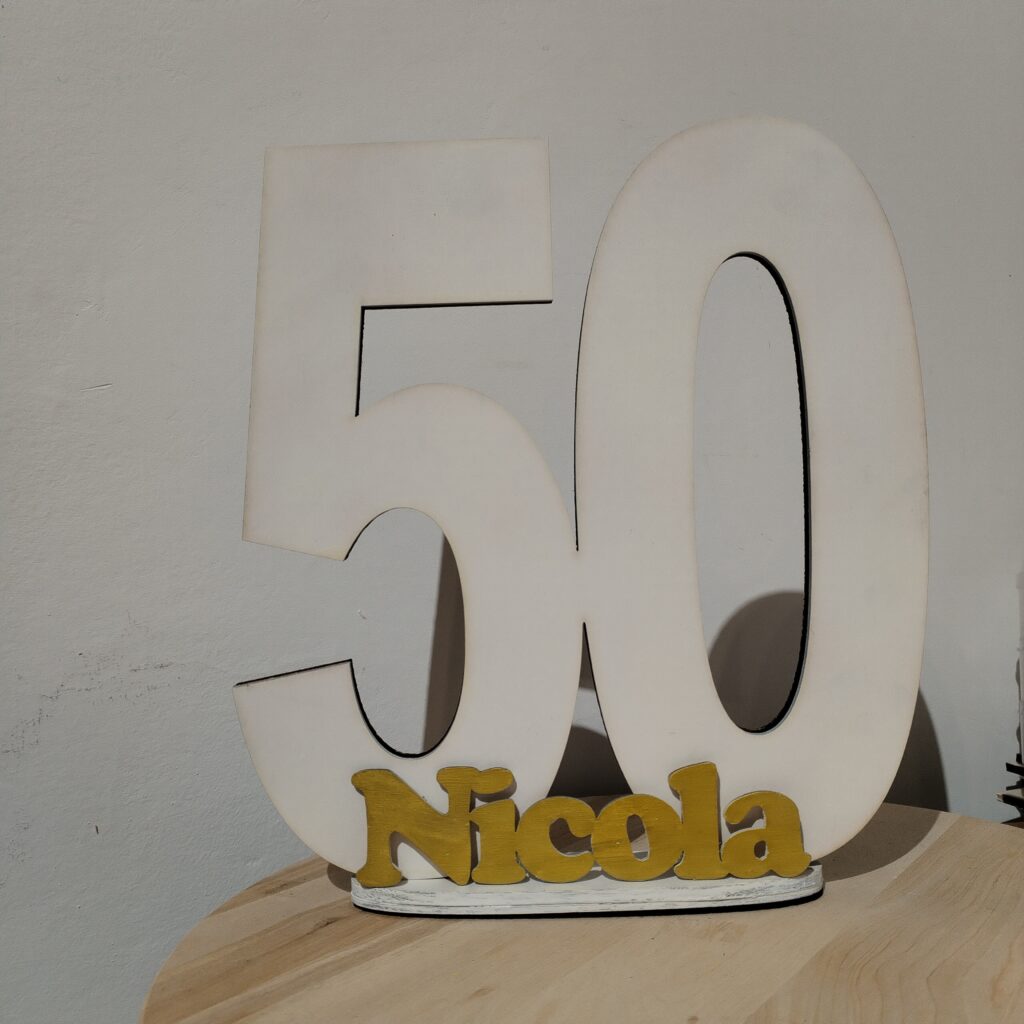 numero 50 in appoggio con nome per anniversario